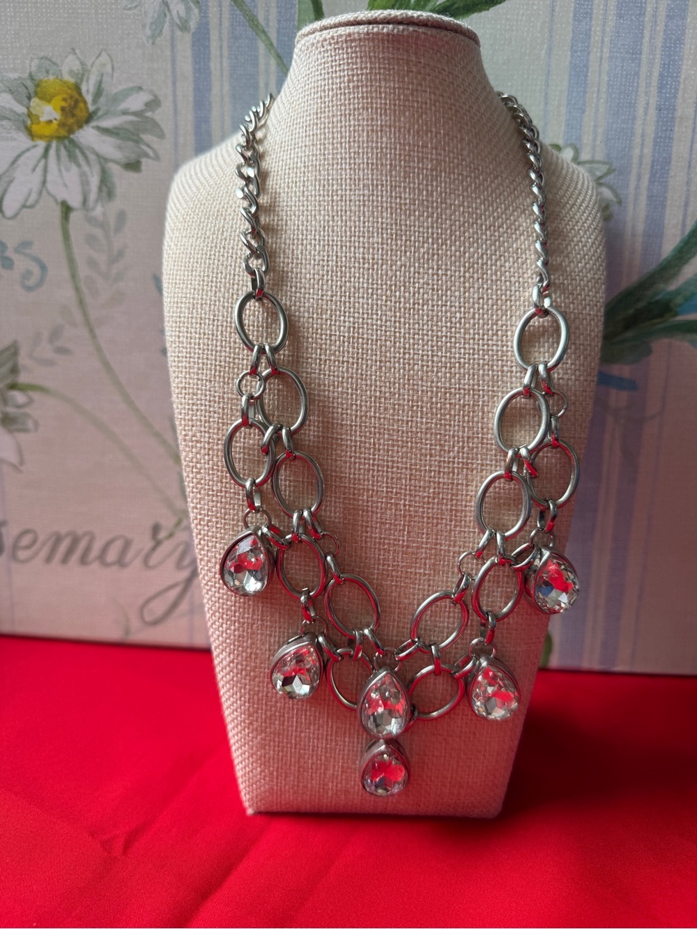 silver-tone chunky statement necklace teardrop crystal glass charms